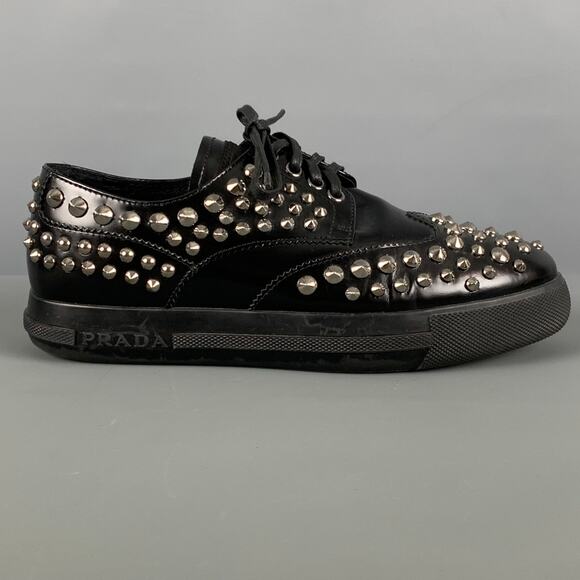 PRADA Size 7.5 Black Leather Studded Lace Up Laces - Picture 2 of 8